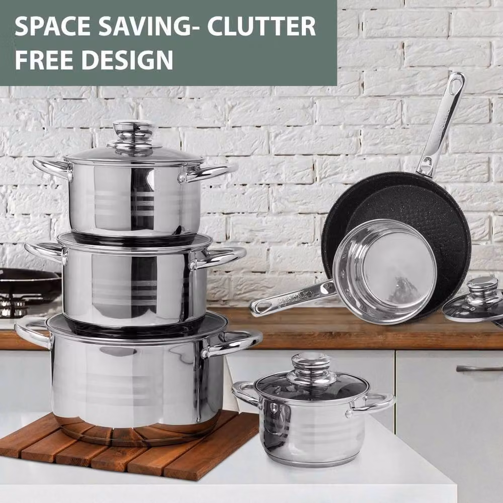 FLAVORA 12-Piece Stainless Steel Stockpot Set with Glass Lids in Metallic Silver – 3