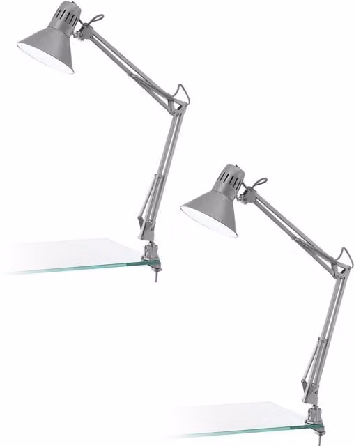Loops 2 Pack Silver Steel Clamp Desk Lamp with In-Line Switch and E27 Socket