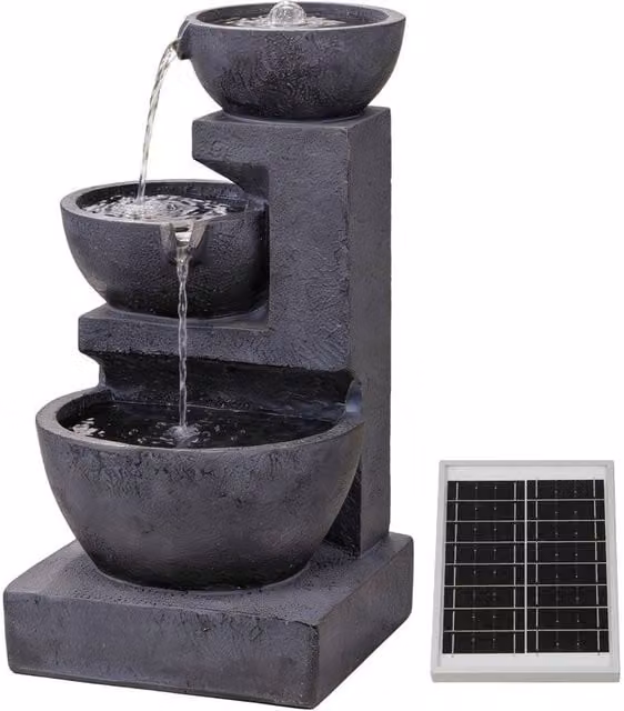 Gardenwize Solar Cascading Ceramic Water Feature with Battery Backup in Dark Grey, H 61.0 cm x W 34.0 cm x D 34.0 cm
