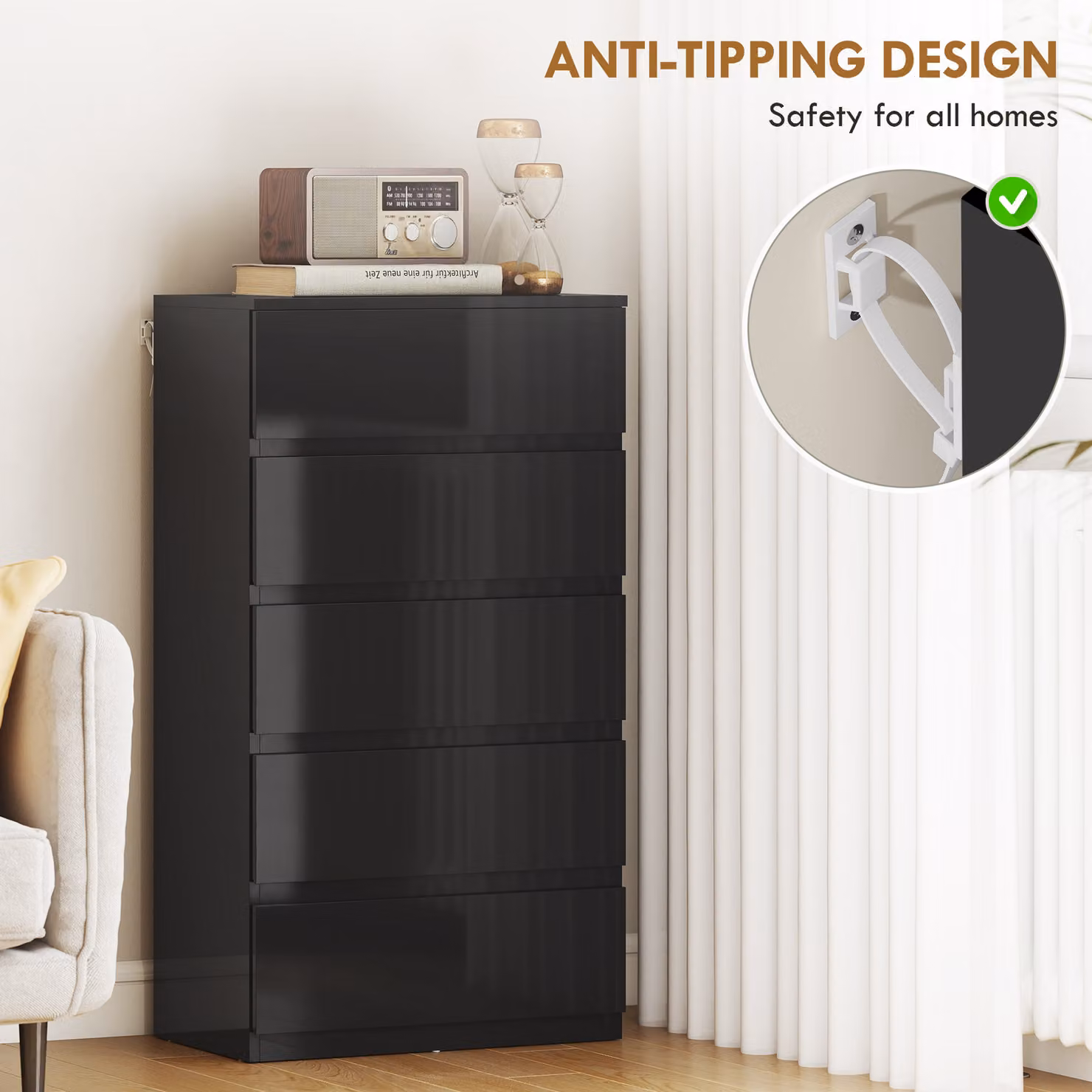HOMCOM Modern 5-Drawer Chest of Drawers with Soft-Close Drawers in Black Glossy Finish – 4