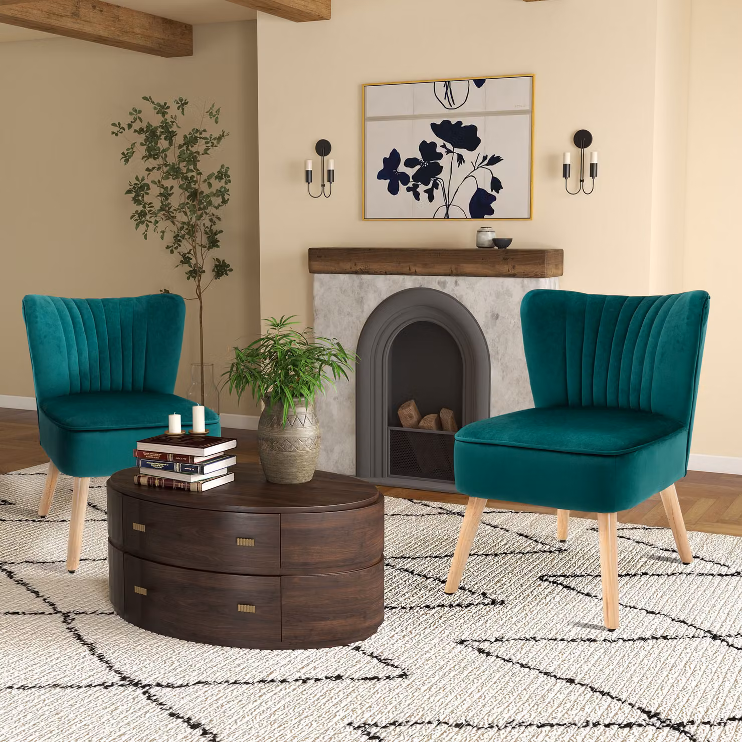 HOMCOM Set of 2 Green Velvet Accent Chairs with Curved Tub Seat and Solid Rubberwood Frame – 2