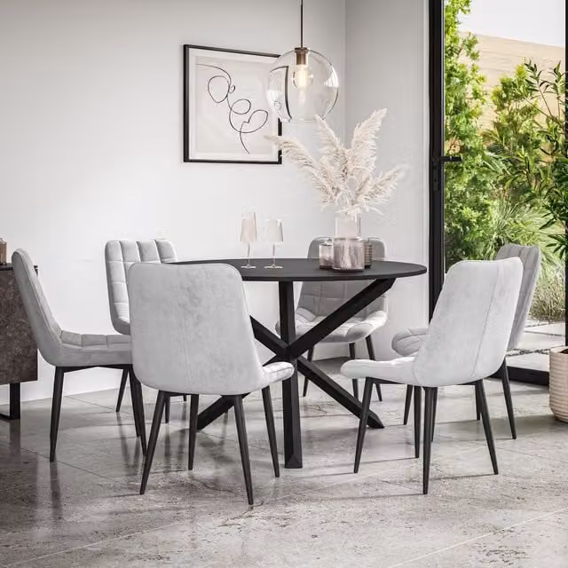 More4Homes Malvern Round Dining Table and 6 Nova Grey Velvet Dining Chairs Set with Black Oak Legs – 1