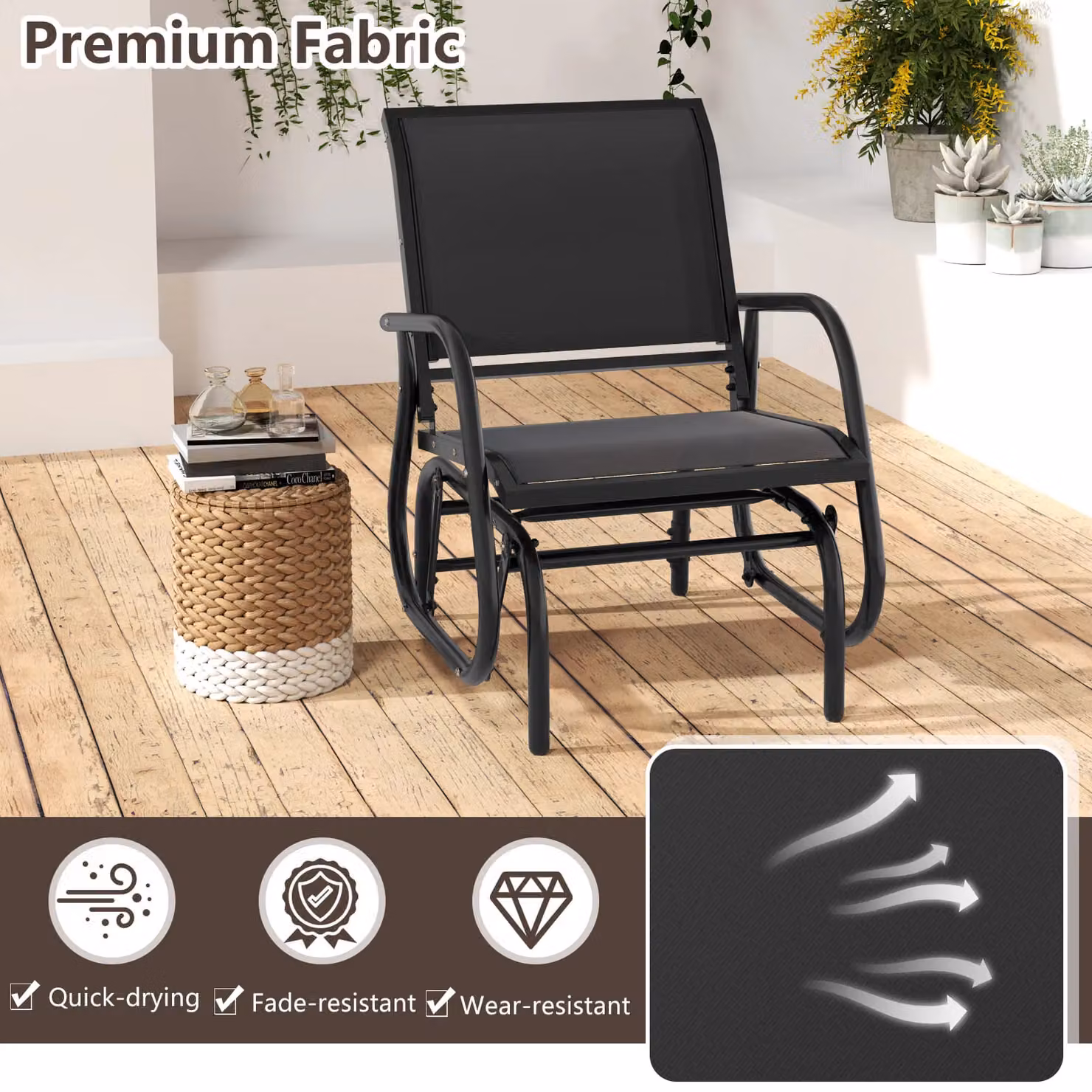 Gymax Black Metal Outdoor Swing Glider Rocking Chair – 4