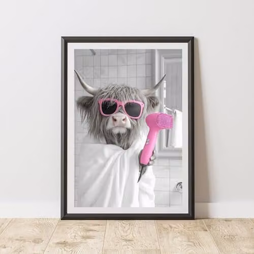 60 Second Makeover Funny Highland Cow Pink Hairdryer Illustration Print, Multicolour, A3