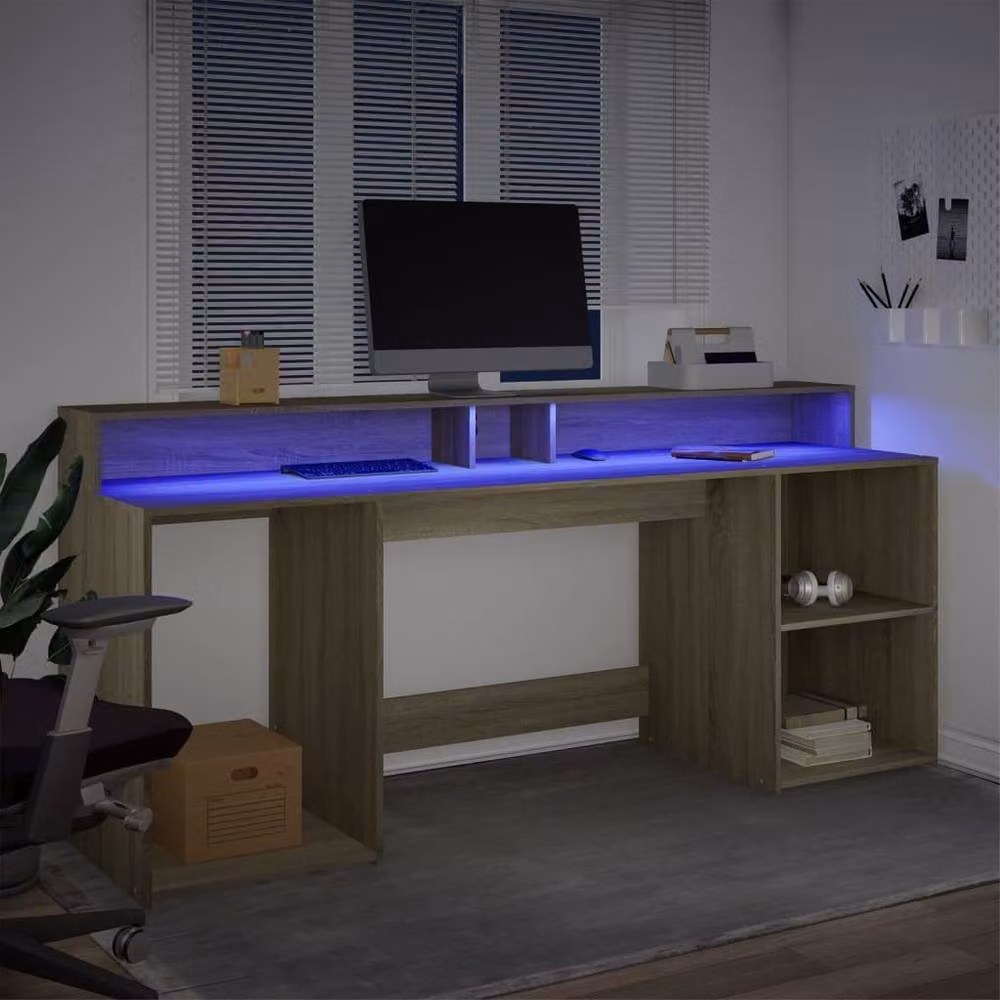Berkfield Home Gaming Desk with LED Lights in Sonoma Oak, W/D/H: 200 x 55 x 91 cm – 3