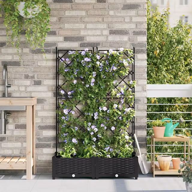 Berkfield Home Garden Planter with Trellis, 2 Piece Set, Black, W: 80 cm, D: 40 cm, H: 125.5 cm