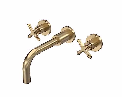 nuie CLX817 Aztec Modern Wall Mounted 3 Tap Hole Basin Mixer Tap, Brushed Brass