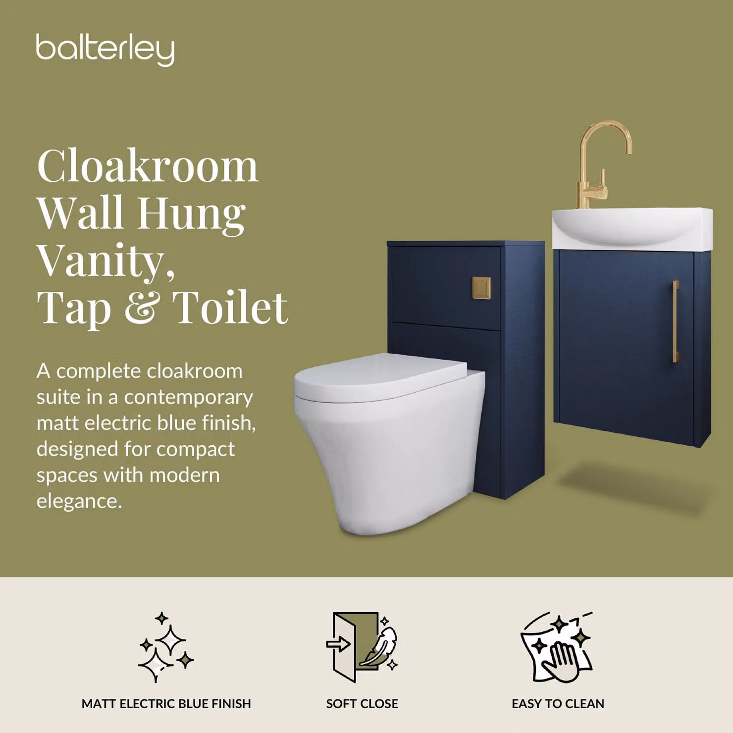 Balterley Right Hand Cloakroom Suite with Vanity, WC, and Tap Set in Grey with Blue Brass, 440mm – 2