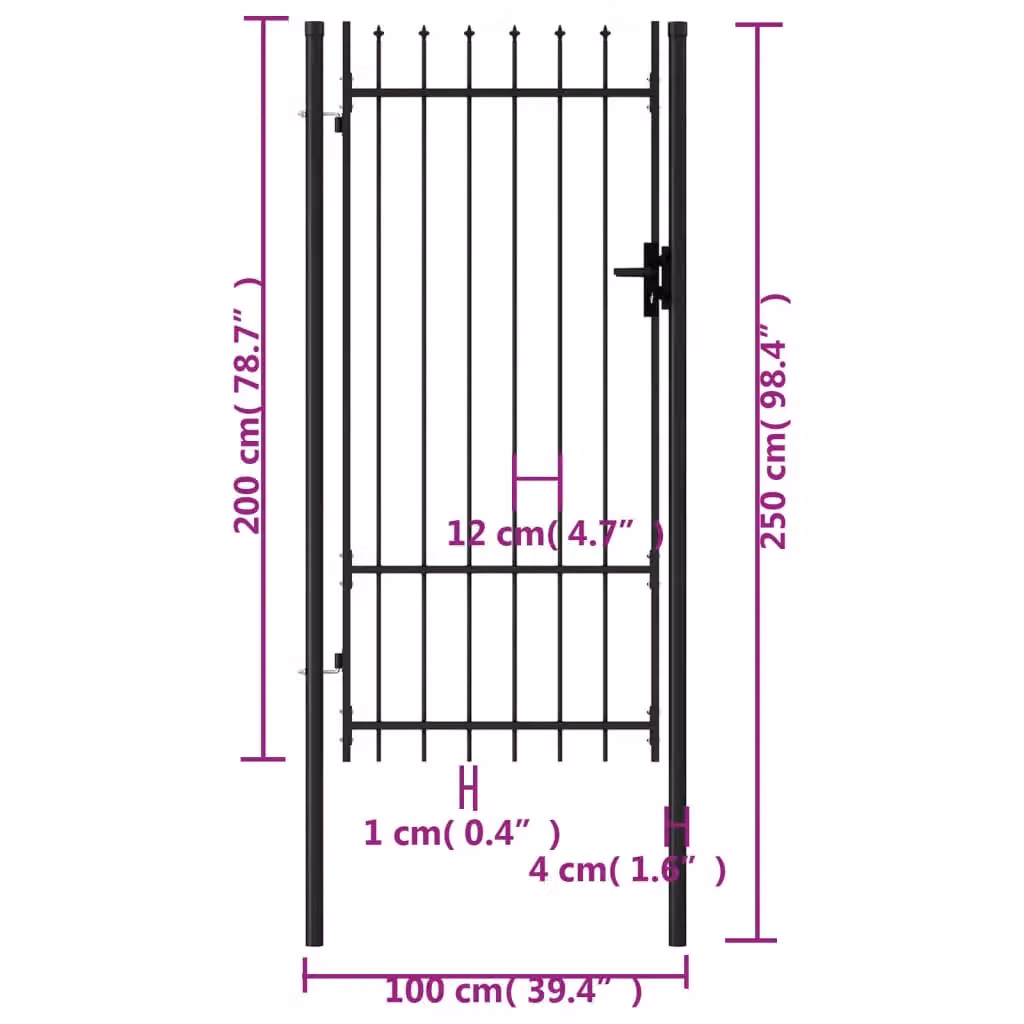 Berkfield Home Single Door Steel Fence Gate with Spike Top, Black, W: 200 cm, H: 100 cm – 3