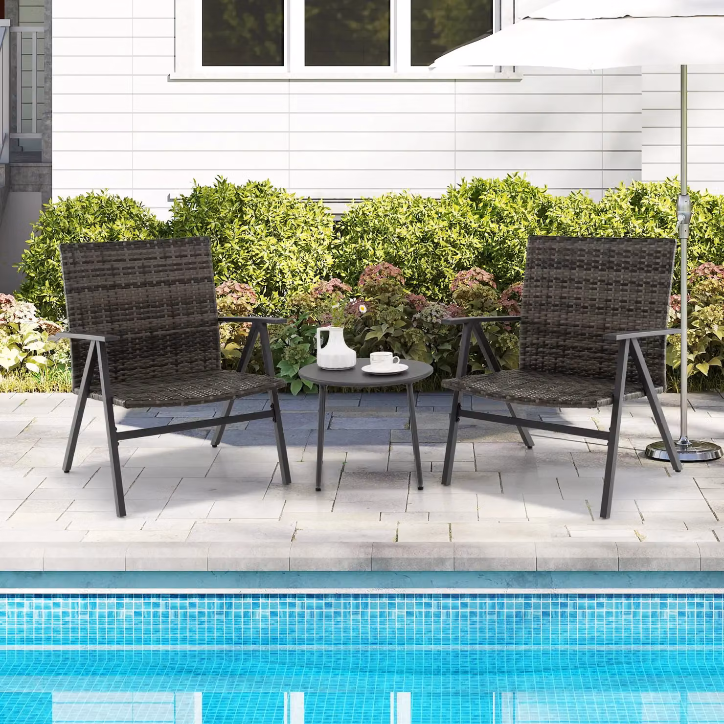 Costway 3-Piece Patio Bistro Set with Metal Frame and Rattan Armchairs and Table in Black – 9
