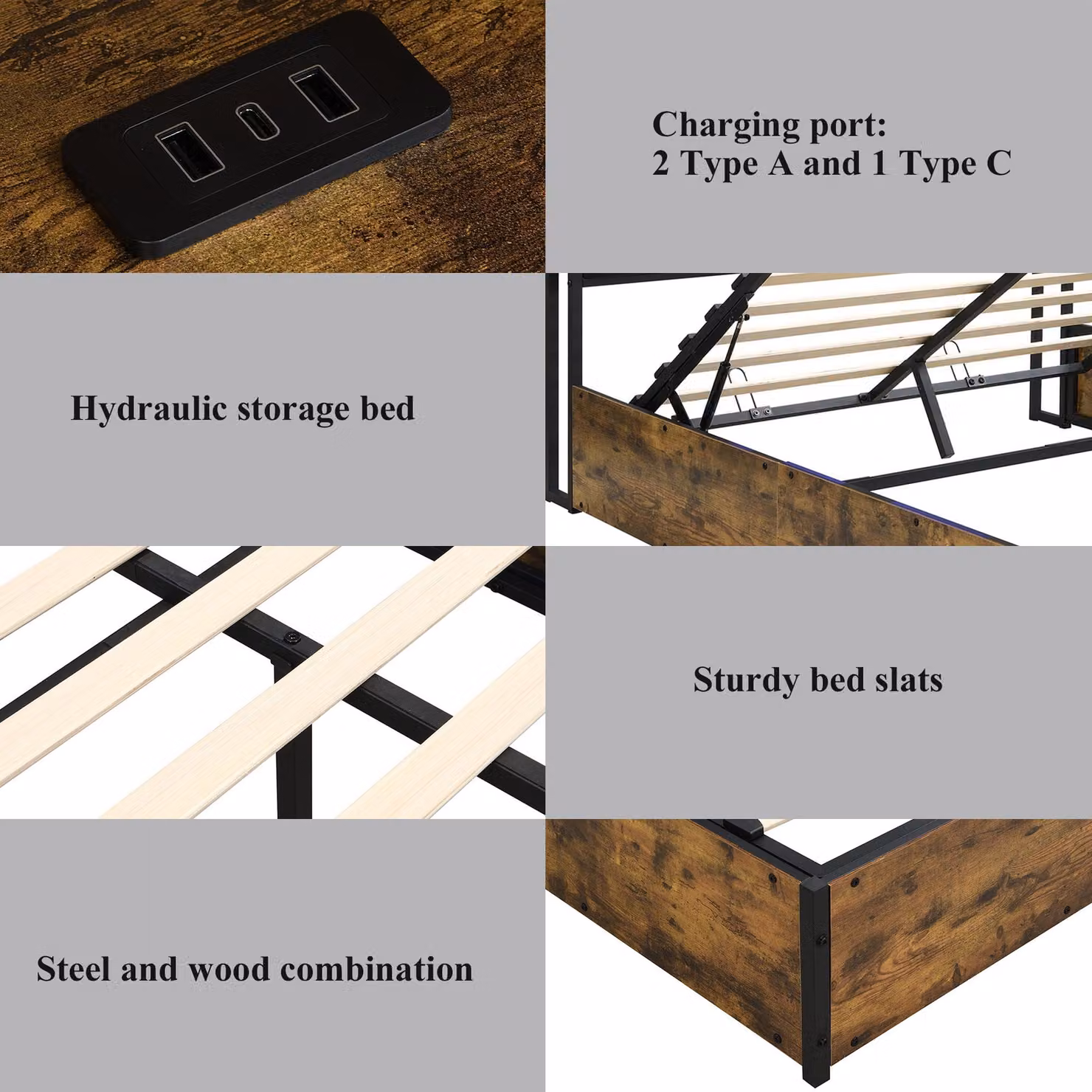 Aosom UK Double Hydraulic Storage Bed with USB Charging Sockets and LED Under-Bed Lighting, Black and Neutral, L: 208 cm, W: 141 cm, H: 107 cm – 4