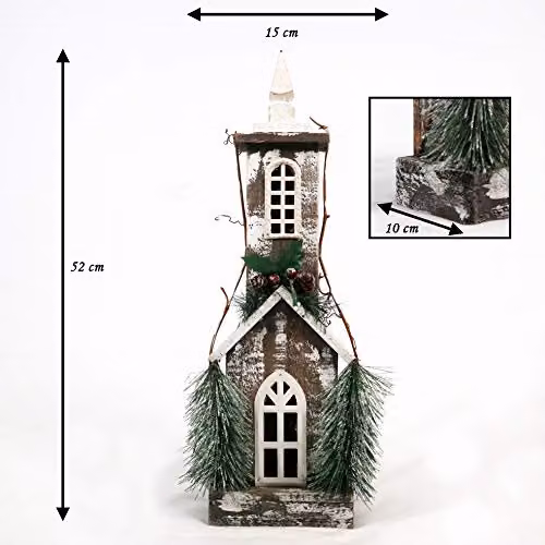 SHATCHI Rustic Wooden Christmas House Tabletop Centrepiece with Berries, Pines and 10 Warm White Bulbs, Height: 52 cm – 4
