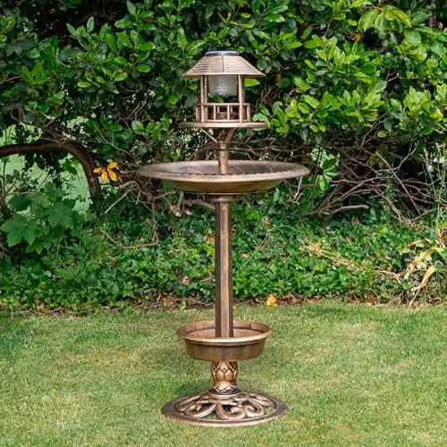 Samuel ALEXANDER Bronze Solar Light Up Resin Garden Bird Table and Bird Bath with Planter, Height: 110 cm
