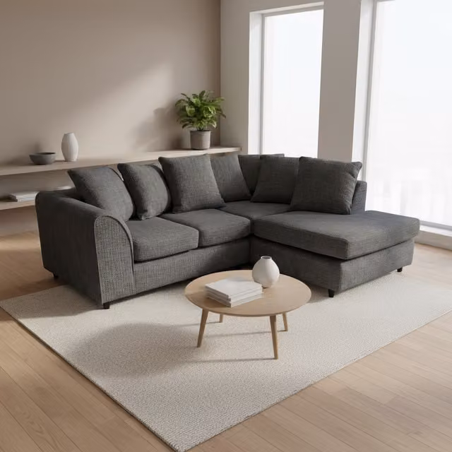 Abakus Direct Jumbo L-Shape Corner Sofa in Black Soft Chenille Fabric with Right-Hand Chaise and Scatter Cushions