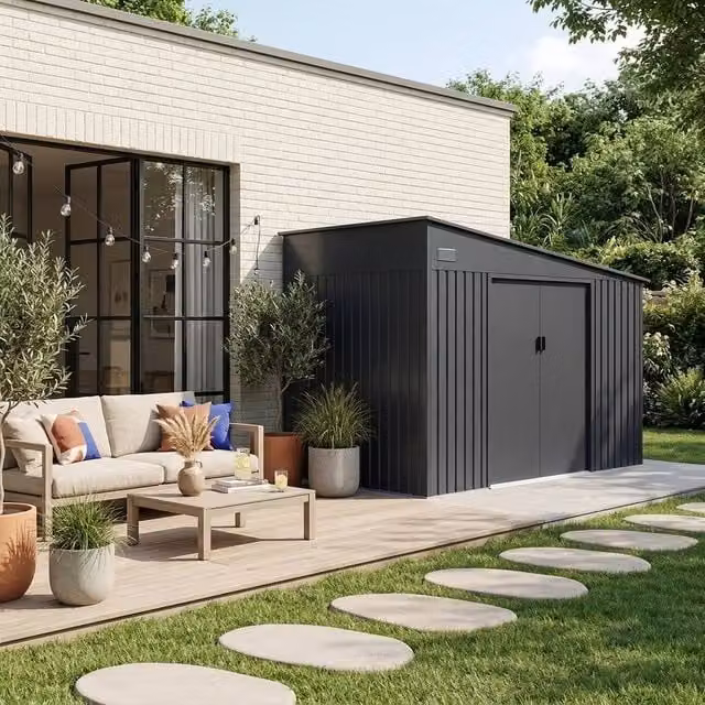 Sweekeet 11.01 m2 Galvanised Steel Lean-to Pent Garden Shed with Sliding Doors and Anchoring Kit in Dark Grey