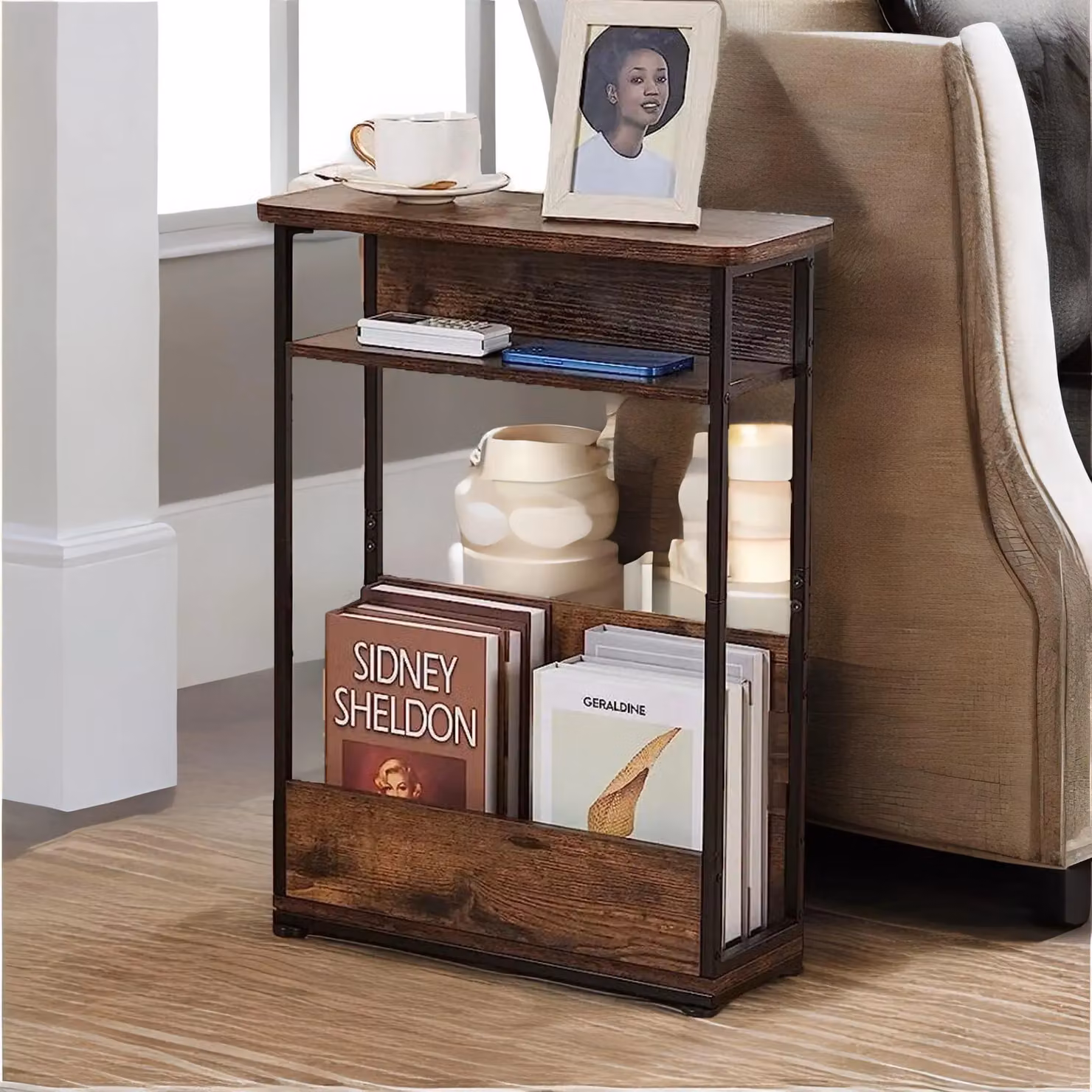 Rafaelo Mobilia Industrial Rustic 3 Tier Side Table with Magazine Rack in Dark Brown – 3