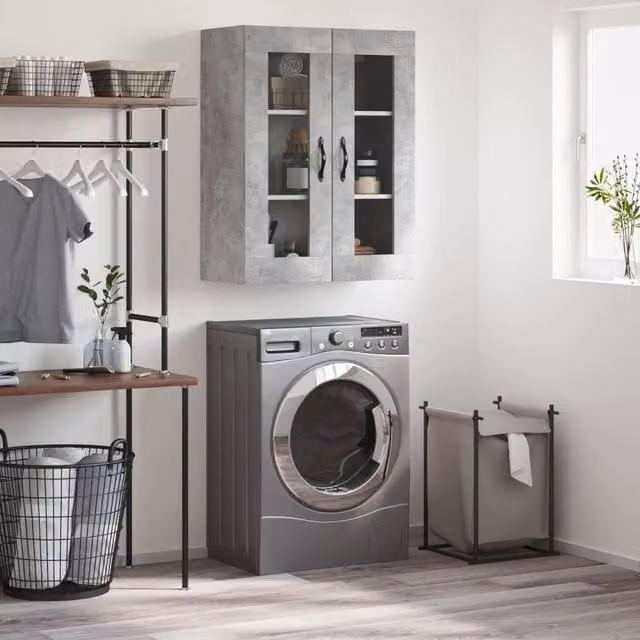 Berkfield Home Wall Mounted Cabinet in Concrete Grey with Glass Doors, W/D/H: 69.5 x 34 x 90 cm
