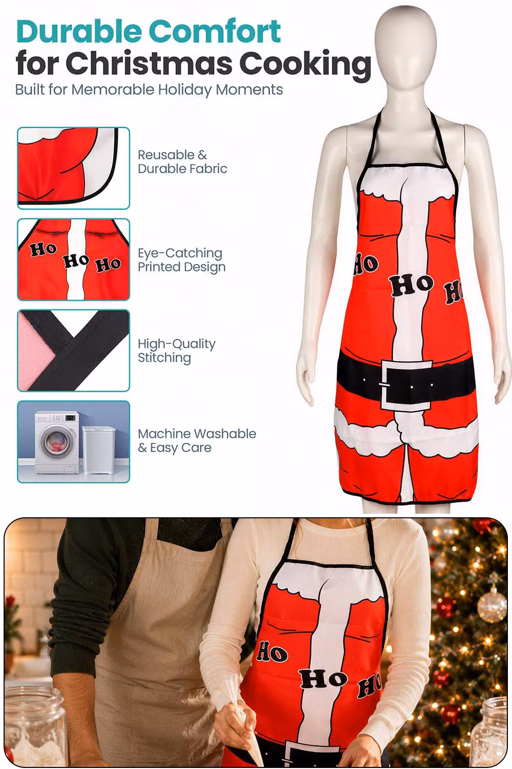 Neel Blue Santa Claus Christmas Kitchen Apron with HOHOHO Print in Red, White and Black for Adults – 3