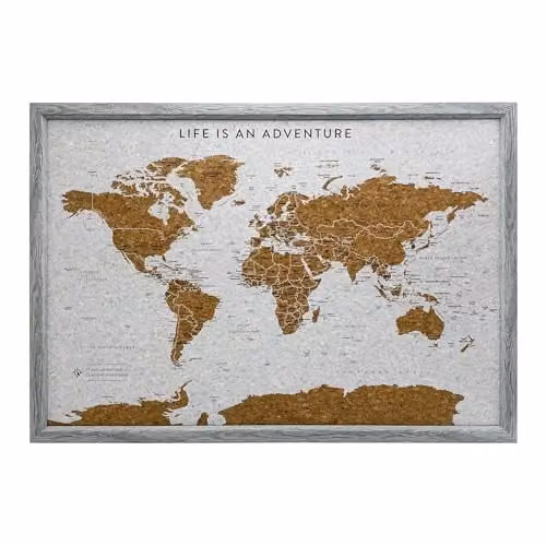Splosh Grey Framed Travel Map Cork Board with 100 Pins