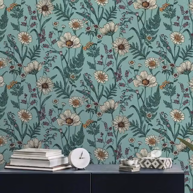 Fine Dcor Wild Meadow Botanical Floral Matt Wallpaper in Blue, Yellow, Green and Petrol