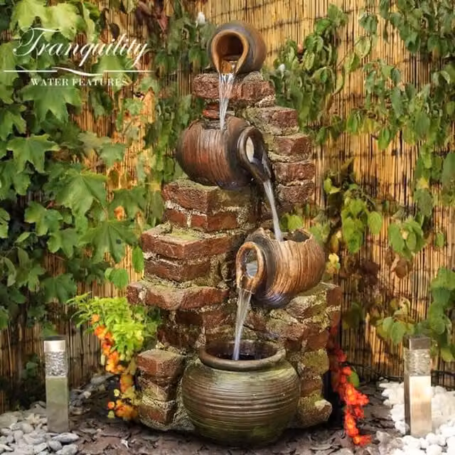 Tranquillity Water Features Moroccan Pots Traditional Solar Cascade Water Feature in Grey and Brown Resin, 15kg