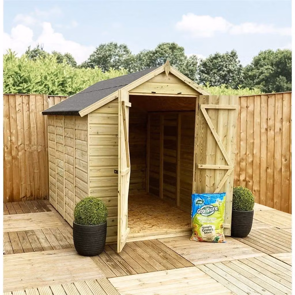 Marlborough Pressure Treated Low Eaves Apex Garden Shed with Double Door and Window in Natural Wood – 2