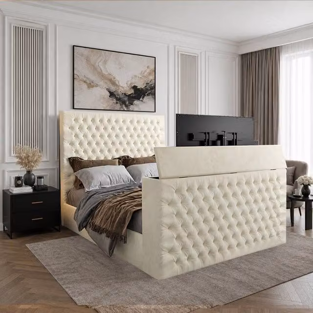 KDMD Ansford Upholstered Soft Velvet TV Bed Frame in Cream, Single Size (W/D/H: 90 x 200 x 98 cm) – 1