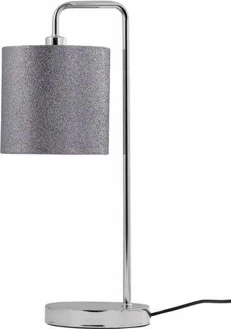 First Choice Lighting Chrome Arched Table Lamp with Grey Fabric Shade in Silver
