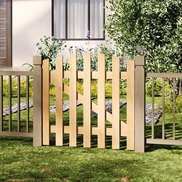 Livingandhome Solid Wood Garden Gate with Z-Shaped Structure in Yellow, Width: 90 cm
