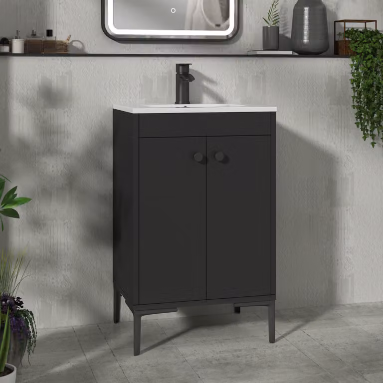Royal Bathrooms Verona 500mm Matt Black Floor Standing 2 Door Vanity Unit with Minimalist Basin and Matt Black Knob