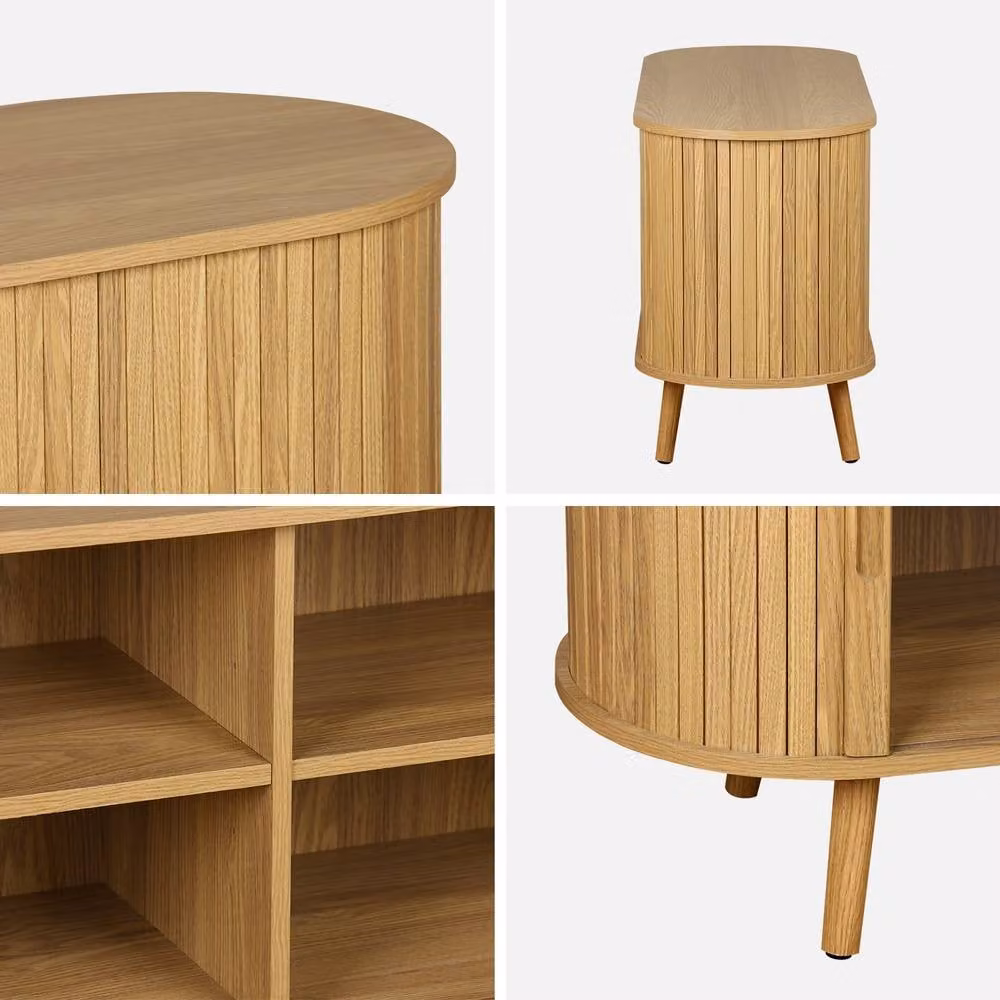 Sweekeet Scandi-style TV Unit with Grooved Wooden Effect and 2 Sliding Doors, Light Brown, W: 120 cm, D: 40 cm, H: 57 cm – 2