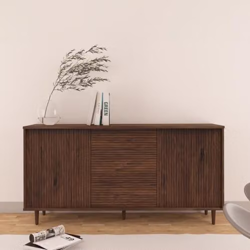 Dorel Home Furnishings Jerzy Mid-Century Sideboard in Brown with 2 Doors and 3 Drawers, W: 160 cm, D: 38 cm, H: 80 cm – 2