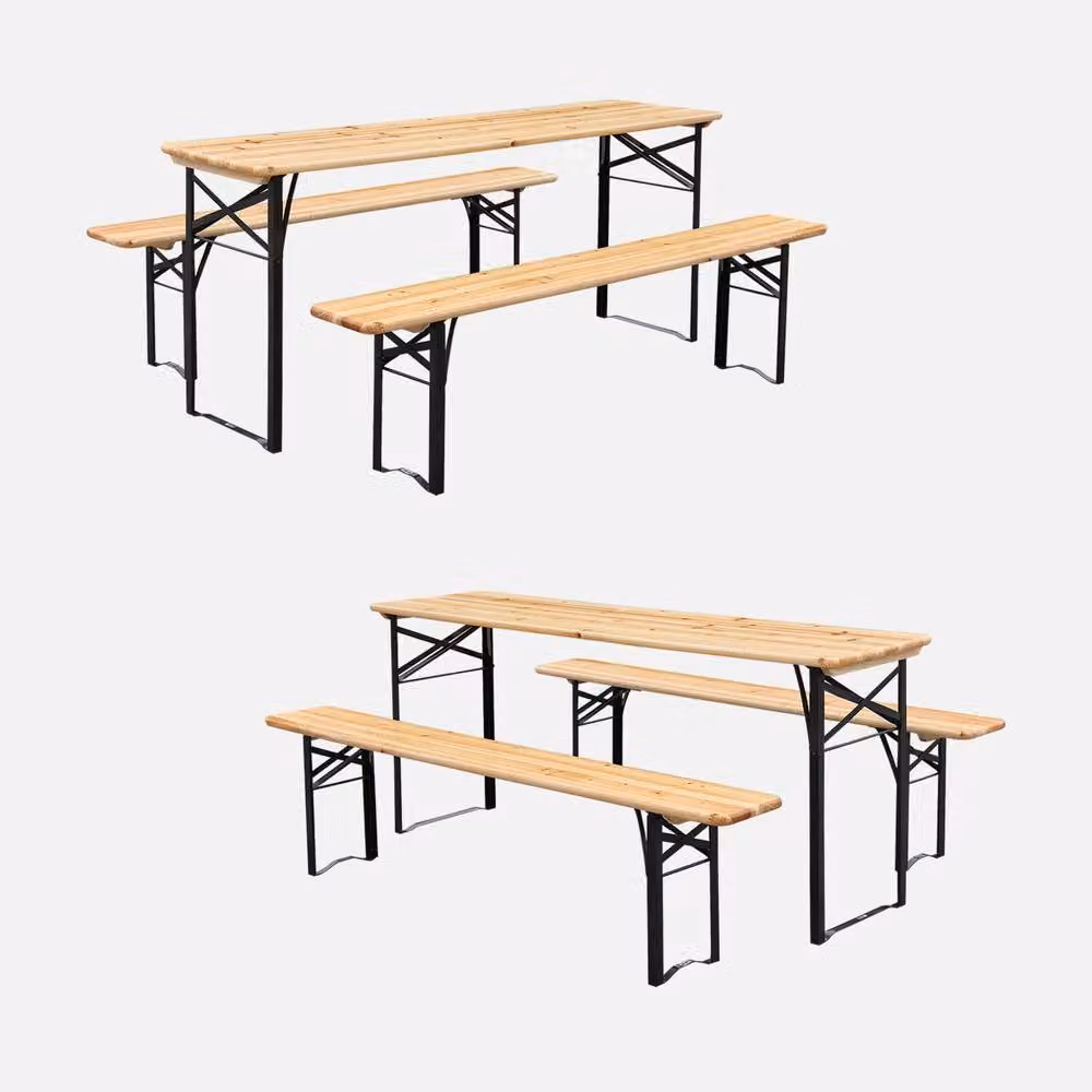 sweeek Folding Reception Table and 2 Benches Set in Light Brown Fir Wood – 2
