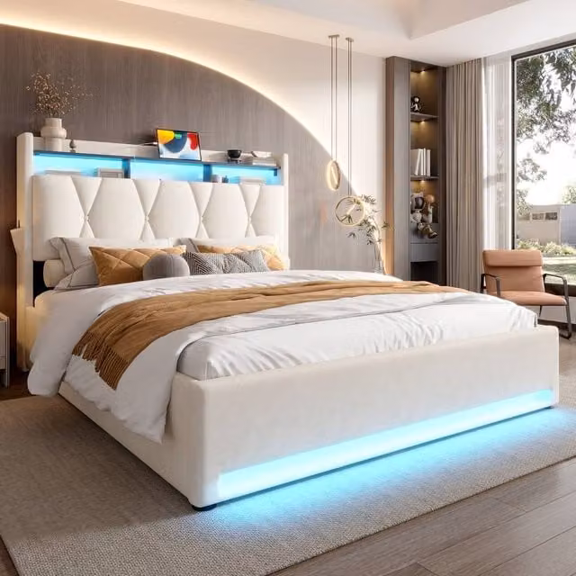 Matteo Beige Velvet Double Bed Frame with LED Lighting, USB Charging and Hydraulic Storage, W/D/H: 140 x 200 cm – 1