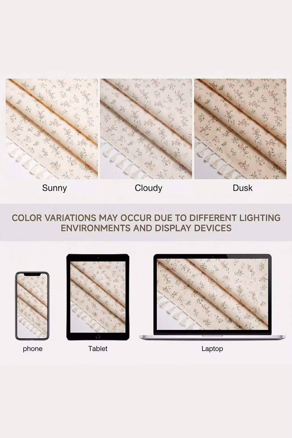 Living and Home Bohemian Semi-sheer Floral Curtain with Tassels in Beige, W: 150 cm, H: 210 cm – 2