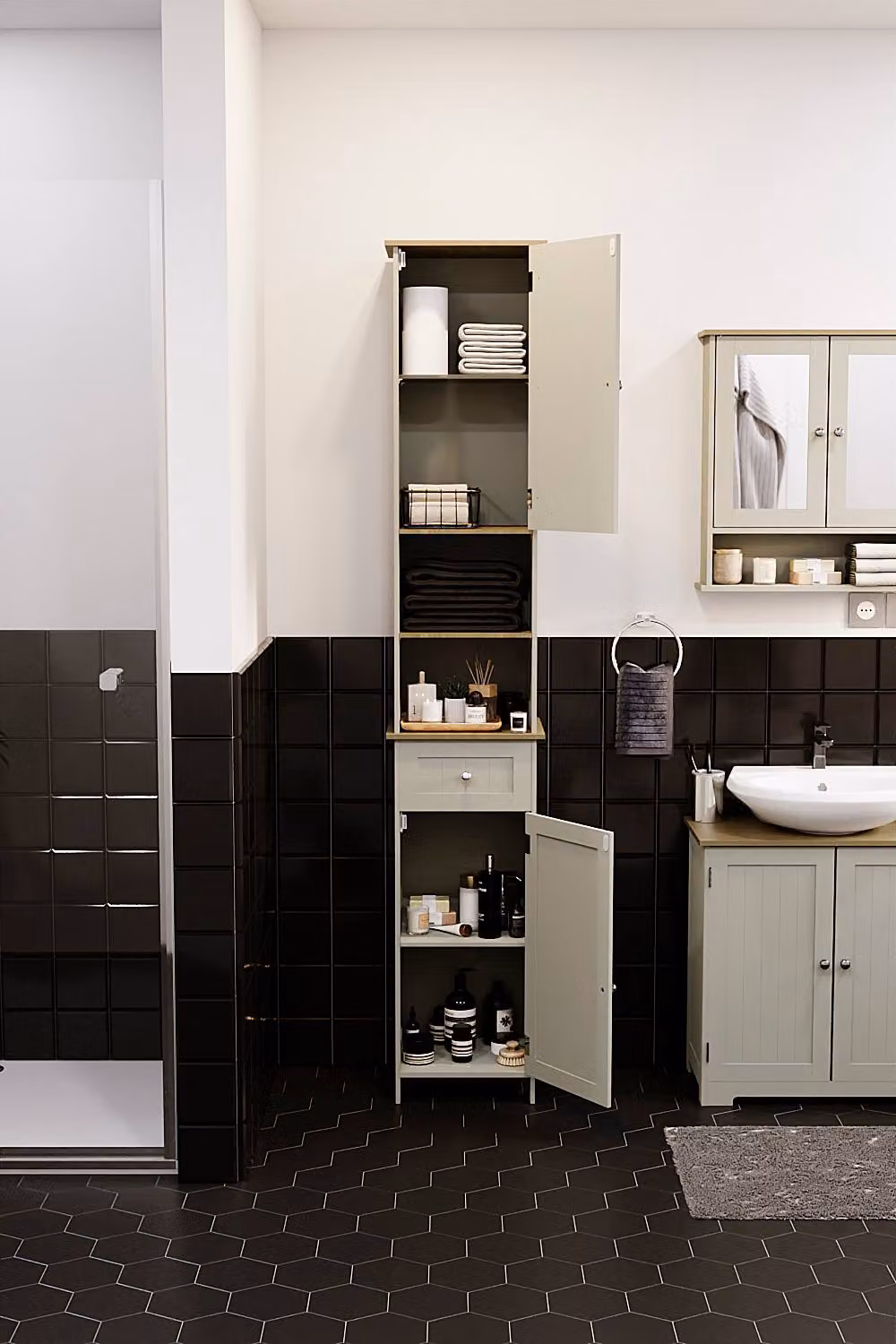 HD Designs Priano Grey Mirrored Tall Bathroom Cabinet with 2 Doors, 1 Drawer and Internal Shelves – 4