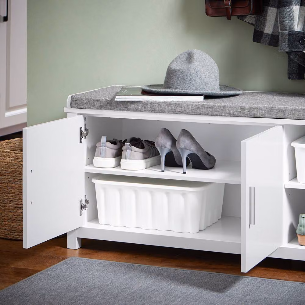 SoBuy Modern Shoe Cabinet Bench with Grey Fabric Cushioned Seat in White – 3