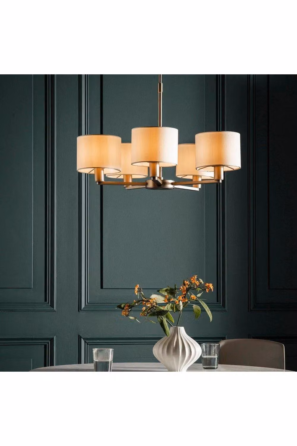 Netlighting Daley 5 Light Multi Arm Ceiling Pendant in Matt Nickel with White Silk Effect Fabric Shades and E14 Base – 2