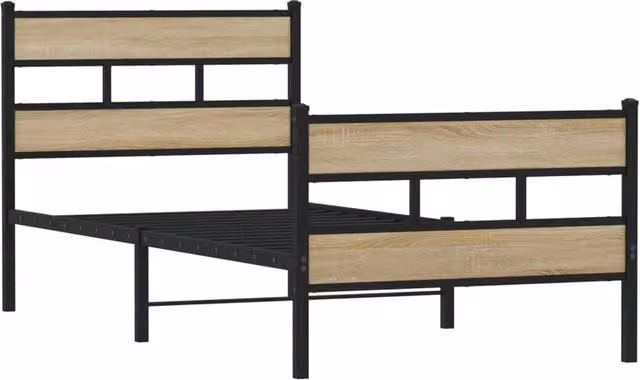 Berkfield Home Metal and Wood Bed Frame in Sonoma Oak and Brown, W/D/H: 75 x 190 x 91.5 cm