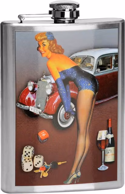 Orsina Vintage-Inspired Stainless Steel Hip Flask with Classic Pin-Up Print in Silver and Multicolour, 8oz