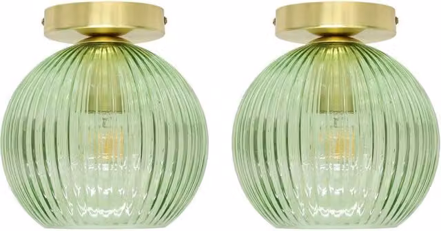 First Choice Lighting Betchley Set of 2 Green Ribbed Glass and Satin Brass Ceiling Lights – 1