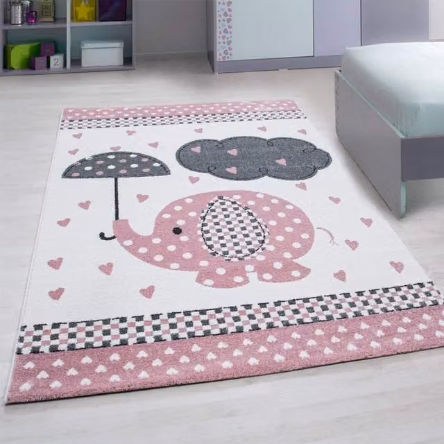 Bravich Kids Elephant and Hearts Rug in Pink and White, W: 150 cm
