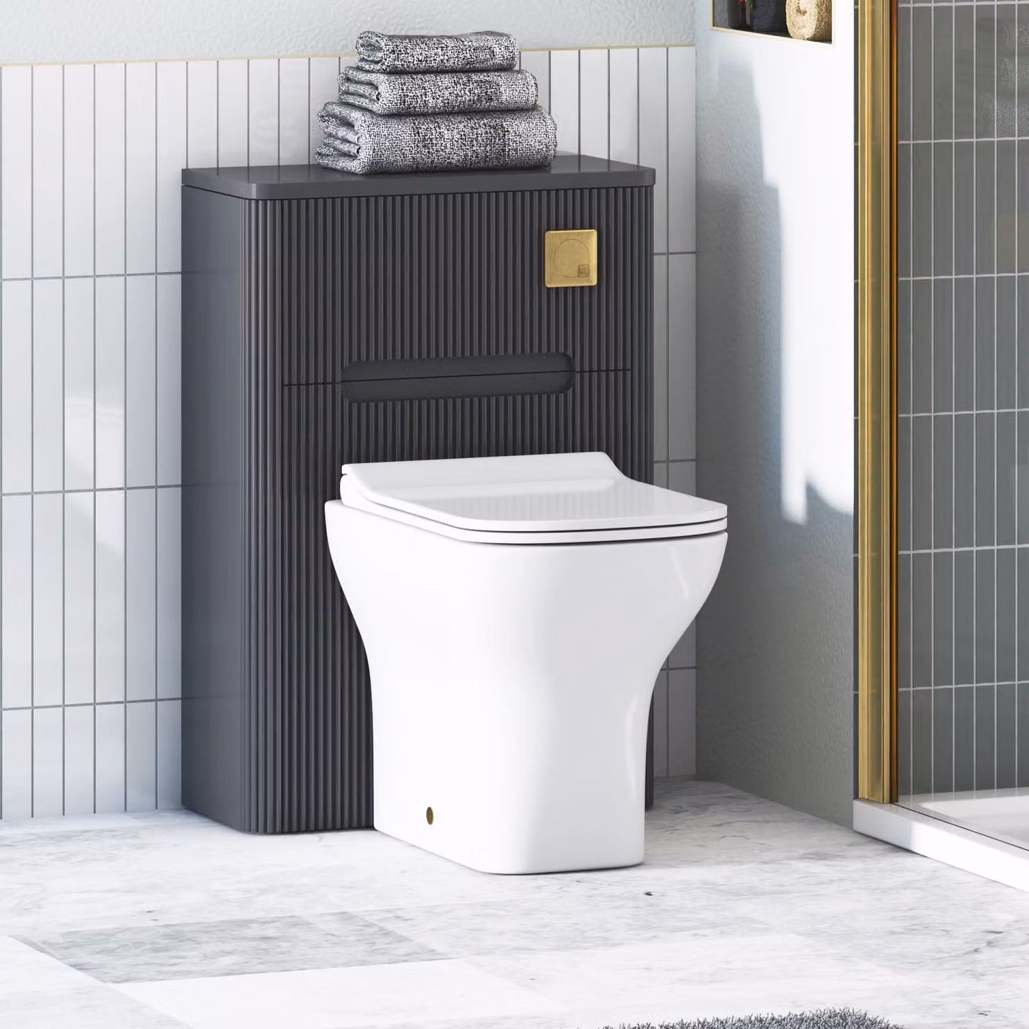 Avenza Matt Obsidian Black BTW WC Unit with Qubix Rimless Ceramic Toilet Pan, Slim Soft Close Seat and Cistern, Width: 55 cm