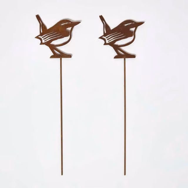 Homescapes Set of 2 Rustic Brown Steel Eurasian Wren Garden Stake Decorations
