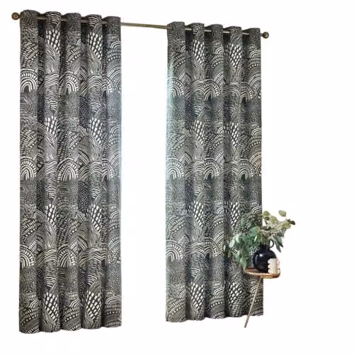 HOEM Nola Abstract Geometric Eyelet Curtains in Green, Width: 117 cm, Height: 182.88 cm