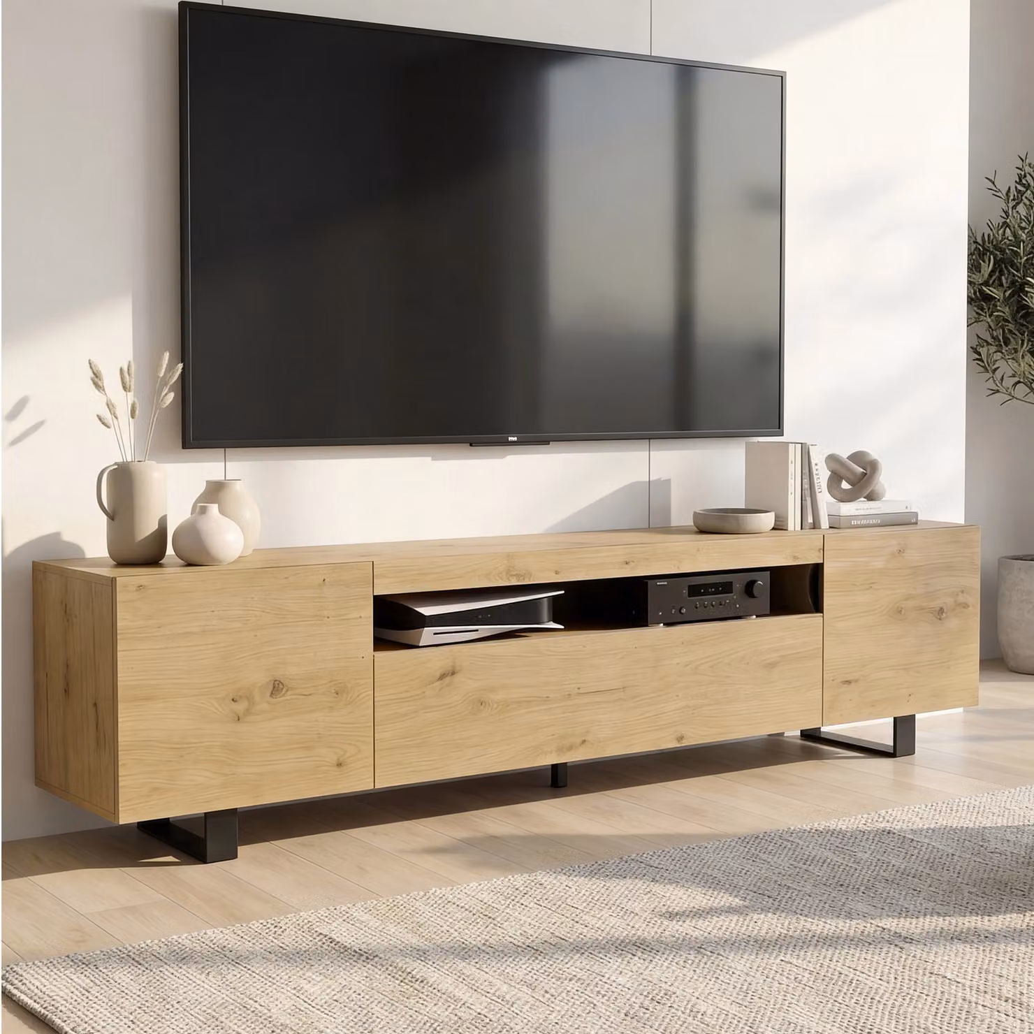 Kystra Modern TV Unit with Storage in Brown Oak Effect, W: 180 cm, D: 38 cm, H: 44 cm