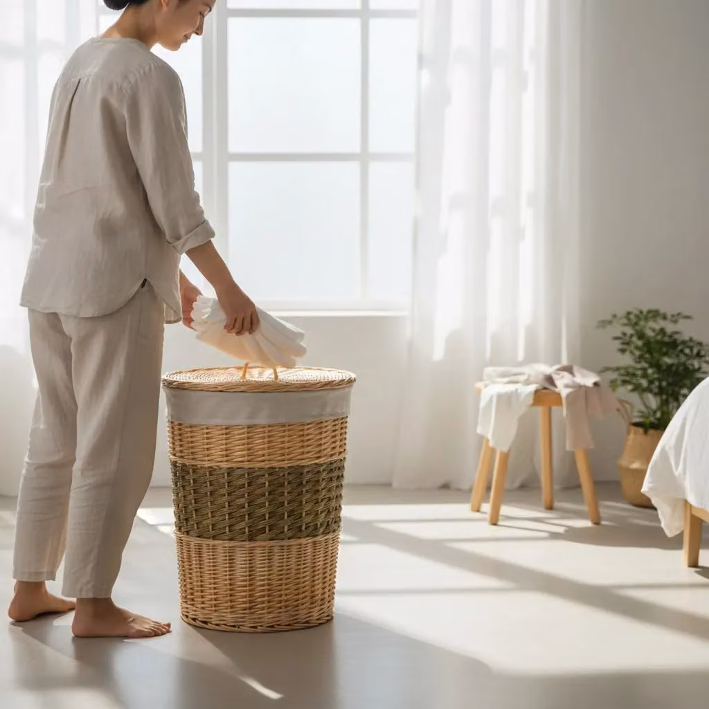Red Hamper Two Toned Round Wicker Laundry Basket with Lid, Multicolour, W/D/H: 50 x 50 x 60 cm – 2