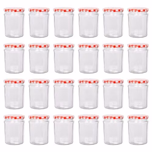 Argon Tableware Set of 24 Airtight Glass Jam Jars with Red Gingham Lids, 380ml – 1