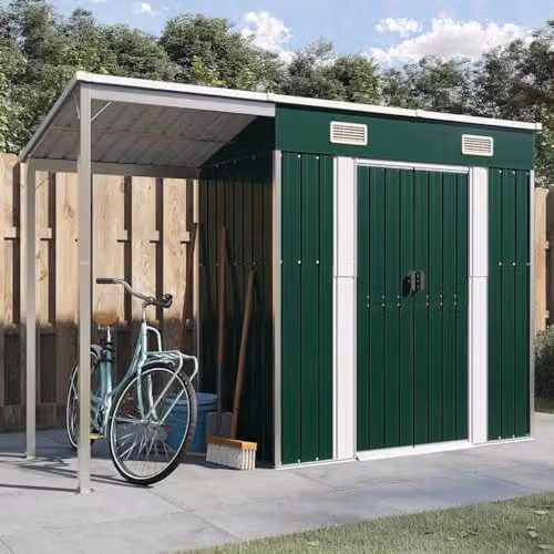 vidaXL Pent Garden Shed with Extended Roof in Green Steel W/D/H: 277 x 107 x 181 cm – 2