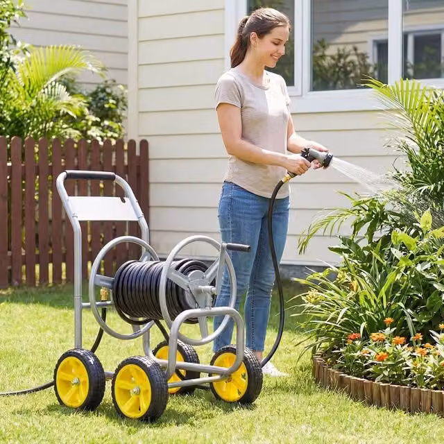 NESTLUNE Silver 4-Wheel Freestanding Garden Hose Reel Cart for 100 m Hoses